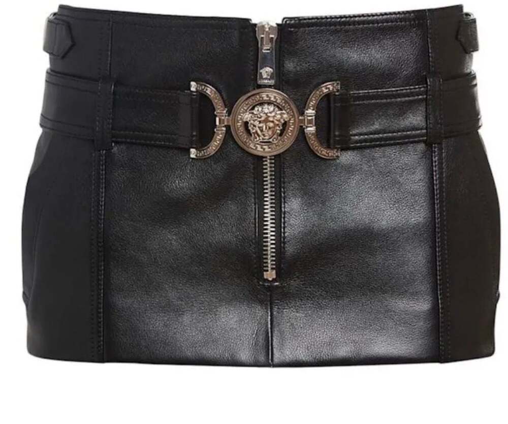 Versace Black Leather Mini Skirt with Gold Medusa Buckle